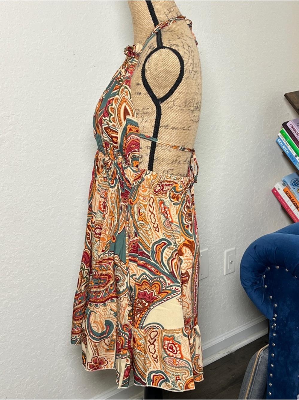 Boho Halter Maxi Dress in Cream & Teal Paisley - Picture 6 of 8